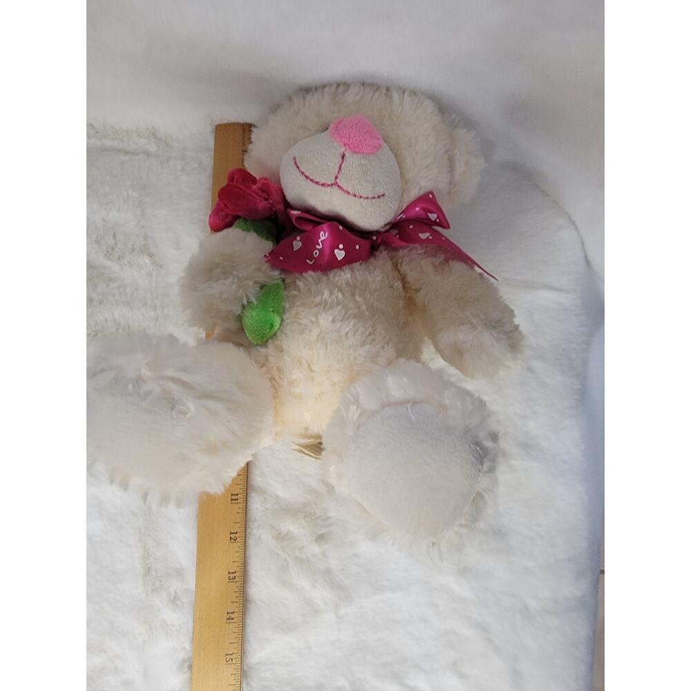 Vtg Kellytoy LOVE BEAR White Holding Pink Rose - Picture 5 of 10